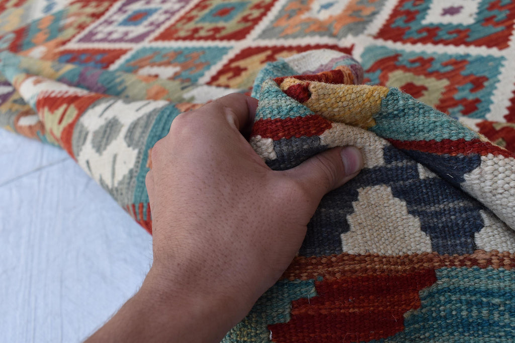 Handwoven Tribal Tradition Afghan Gilam – 9.8x6.9 ft Wool Rug, Authentic Nomadic Design | Farm House Rug | Living Room Rug