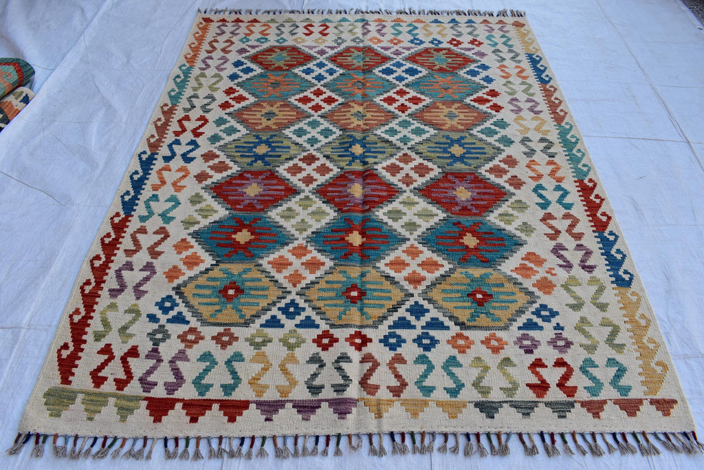 Authentic Chobi Gilam Afghan Rug – 6.15x4.10 ft, Handwoven Wool Carpet with Traditional Design | Living Room Rug