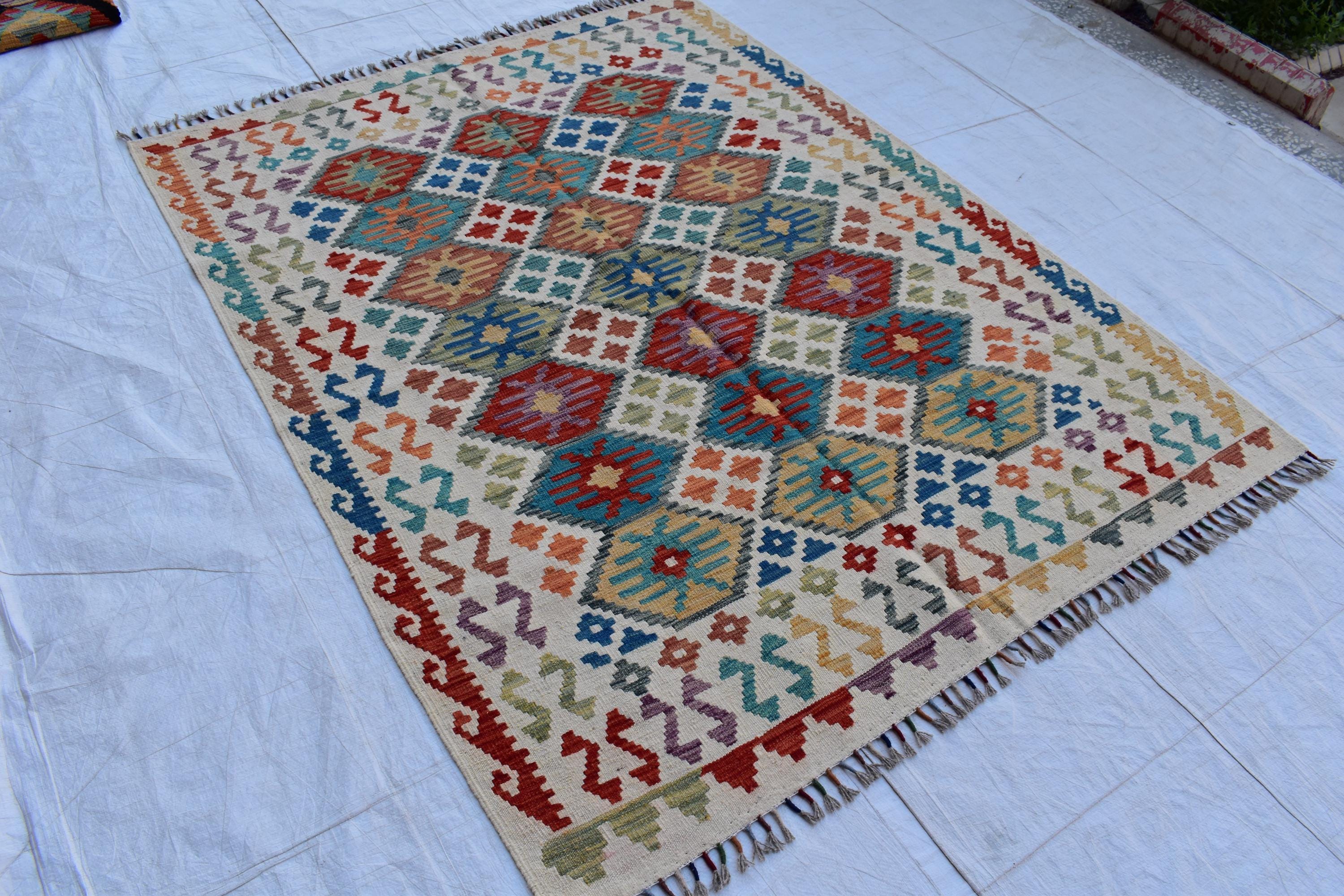 Authentic Chobi Gilam Afghan Rug – 6.15x4.10 ft, Handwoven Wool Carpet with Traditional Design | Living Room Rug