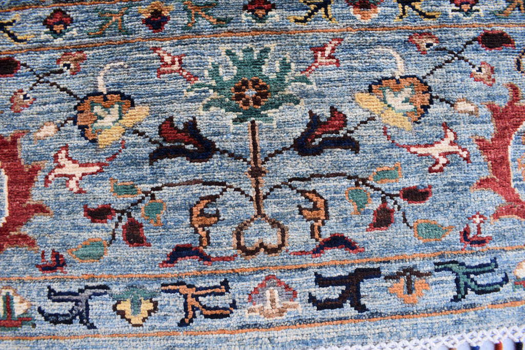 6x8 Light Blue Authentic Afghan Handmade Chobi Wool Carpet | Boho Home Decor, Rug for living room, Bedroom Rug, Rust and navy floral pattern