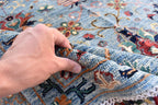 6x8 Light Blue Authentic Afghan Handmade Chobi Wool Carpet | Boho Home Decor, Rug for living room, Bedroom Rug, Rust and navy floral pattern