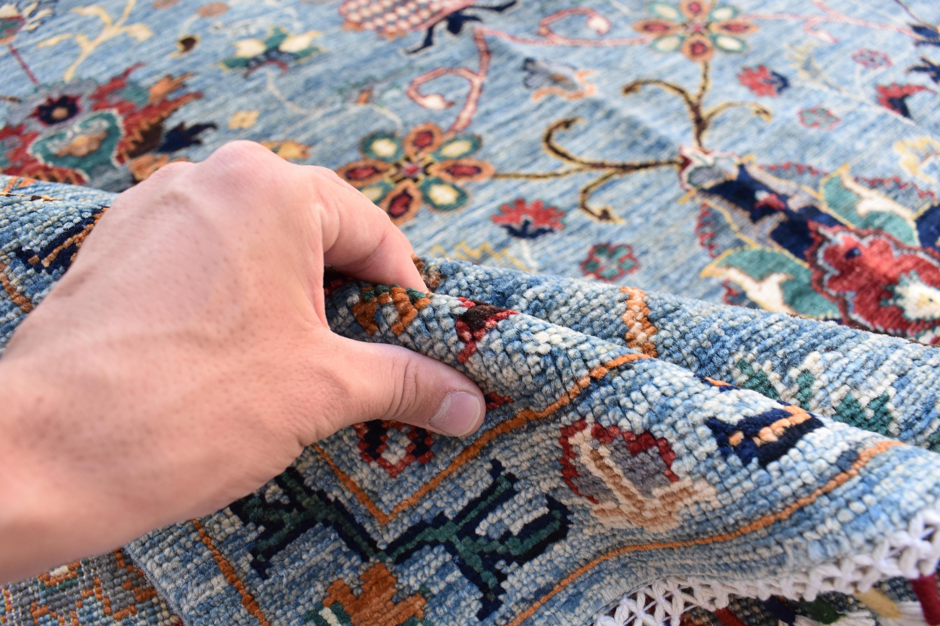 6x8 Light Blue Authentic Afghan Handmade Chobi Wool Carpet | Boho Home Decor, Rug for living room, Bedroom Rug, Rust and navy floral pattern