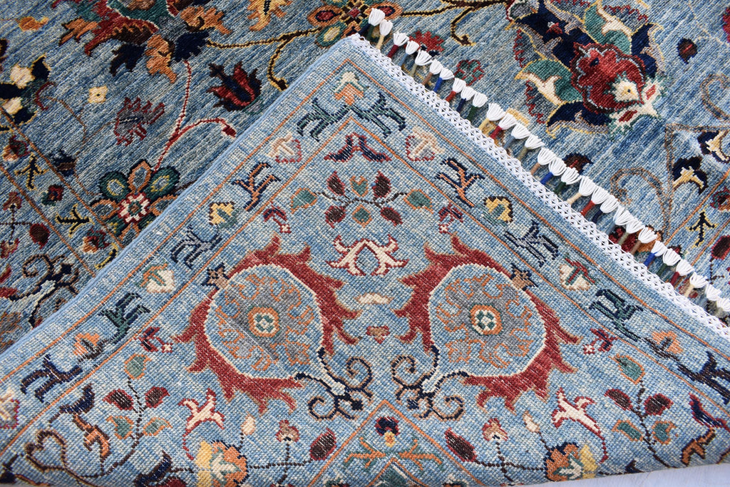 6x8 Light Blue Authentic Afghan Handmade Chobi Wool Carpet | Boho Home Decor, Rug for living room, Bedroom Rug, Rust and navy floral pattern