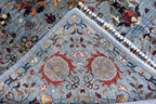 6x8 Light Blue Authentic Afghan Handmade Chobi Wool Carpet | Boho Home Decor, Rug for living room, Bedroom Rug, Rust and navy floral pattern