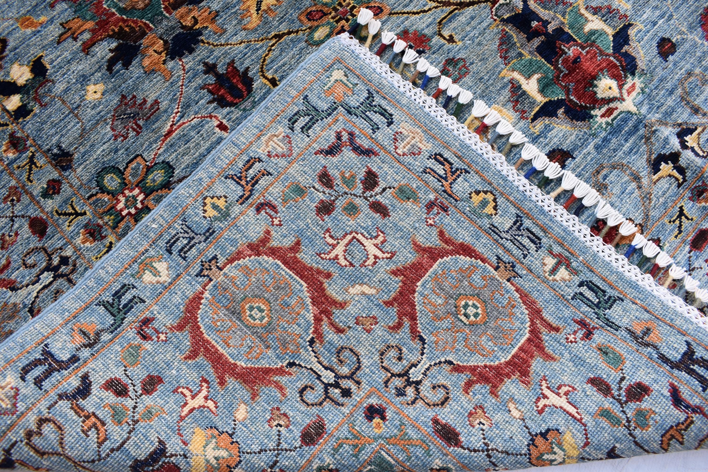 6x8 Light Blue Authentic Afghan Handmade Chobi Wool Carpet | Boho Home Decor, Rug for living room, Bedroom Rug, Rust and navy floral pattern