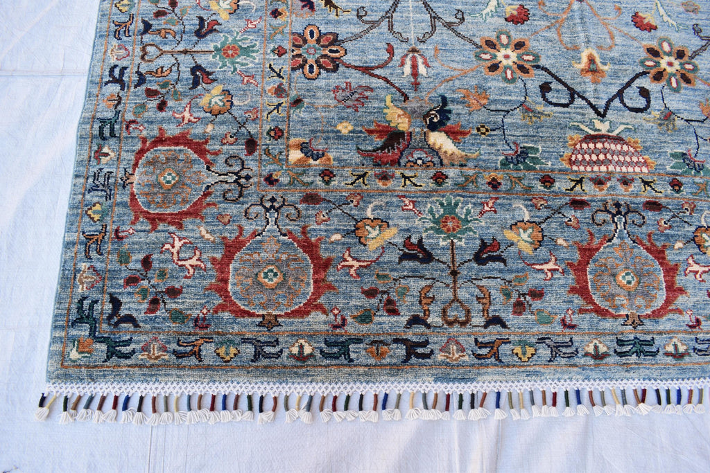 6x8 Light Blue Authentic Afghan Handmade Chobi Wool Carpet | Boho Home Decor, Rug for living room, Bedroom Rug, Rust and navy floral pattern
