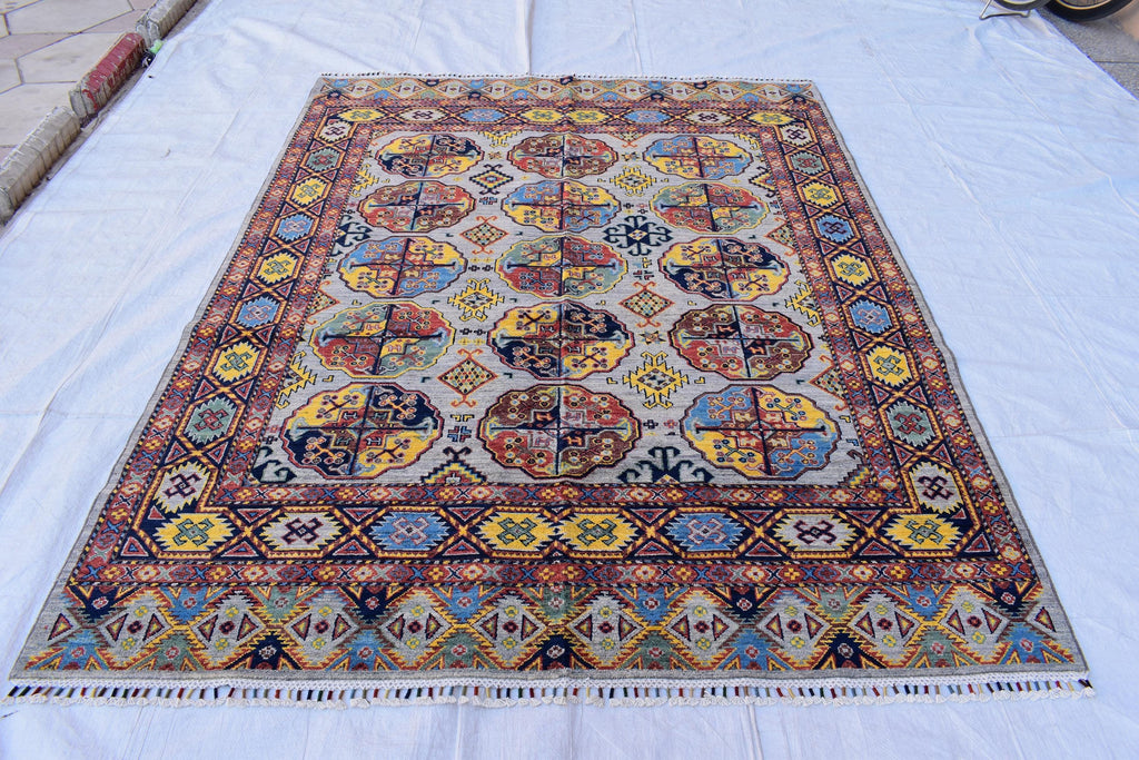 Handmade Afghan Tribal Rug – 7.7x5.10 ft Vibrant Wool Carpet with Geometric Patterns