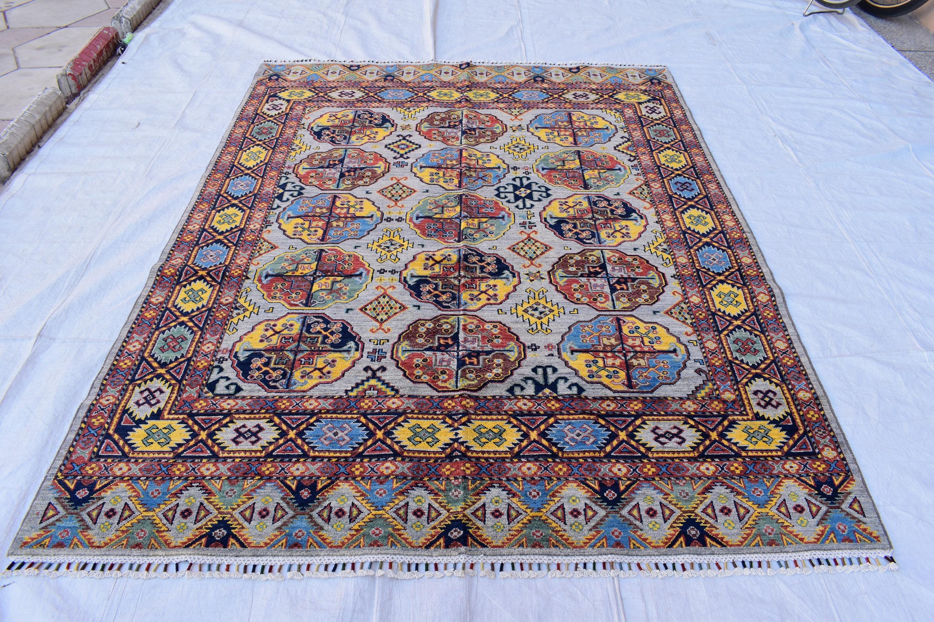 Handmade Afghan Tribal Rug – 7.7x5.10 ft Vibrant Wool Carpet with Geometric Patterns