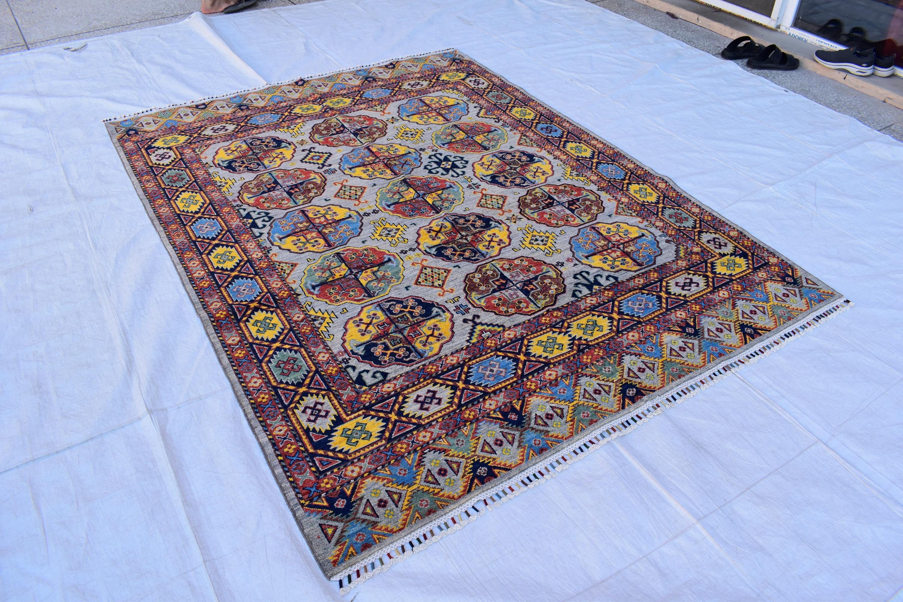 Handmade Afghan Tribal Rug – 7.7x5.10 ft Vibrant Wool Carpet with Geometric Patterns