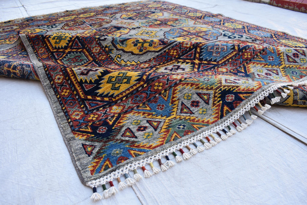 Handmade Afghan Tribal Rug – 7.7x5.10 ft Vibrant Wool Carpet with Geometric Patterns