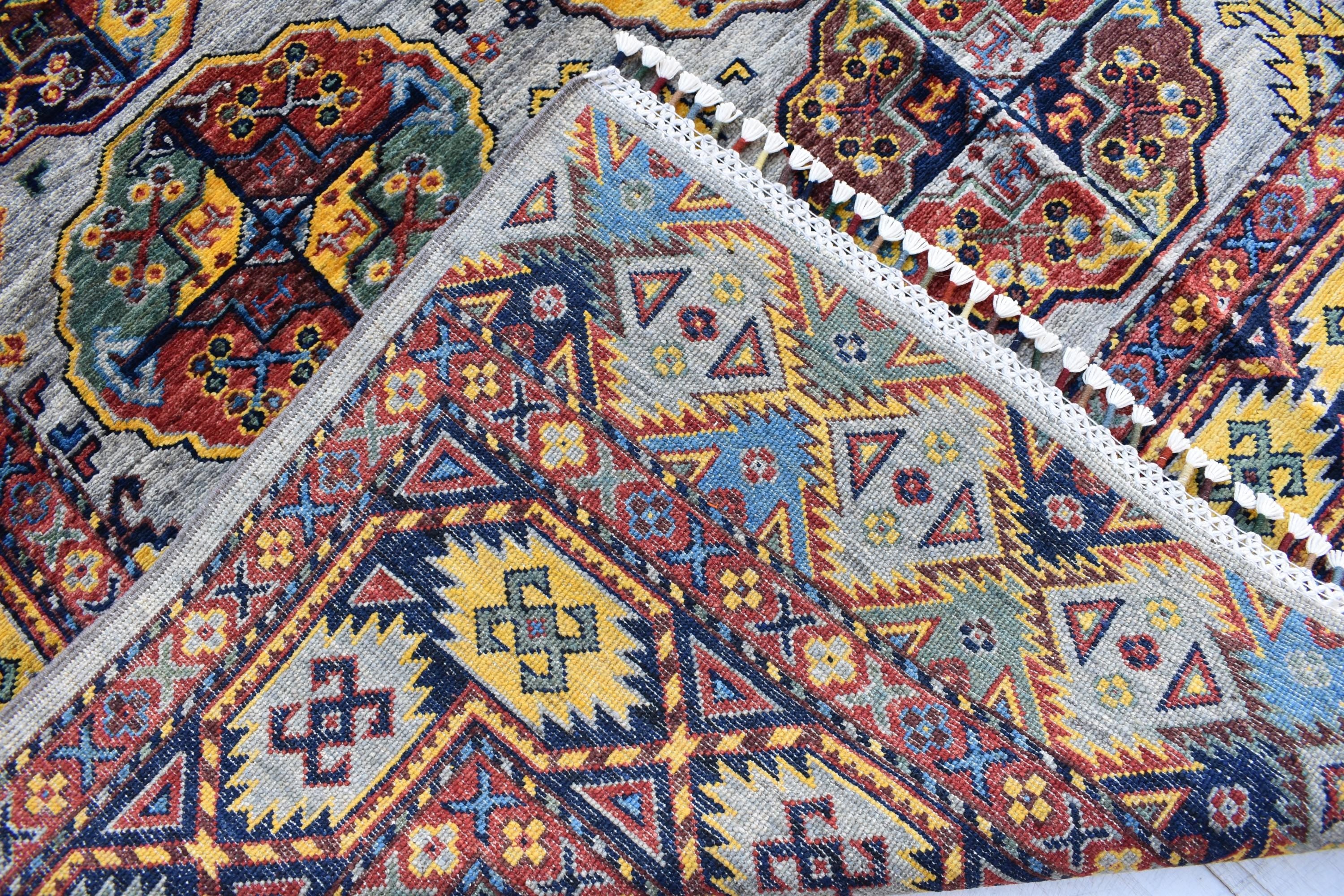 Handmade Afghan Tribal Rug – 7.7x5.10 ft Vibrant Wool Carpet with Geometric Patterns