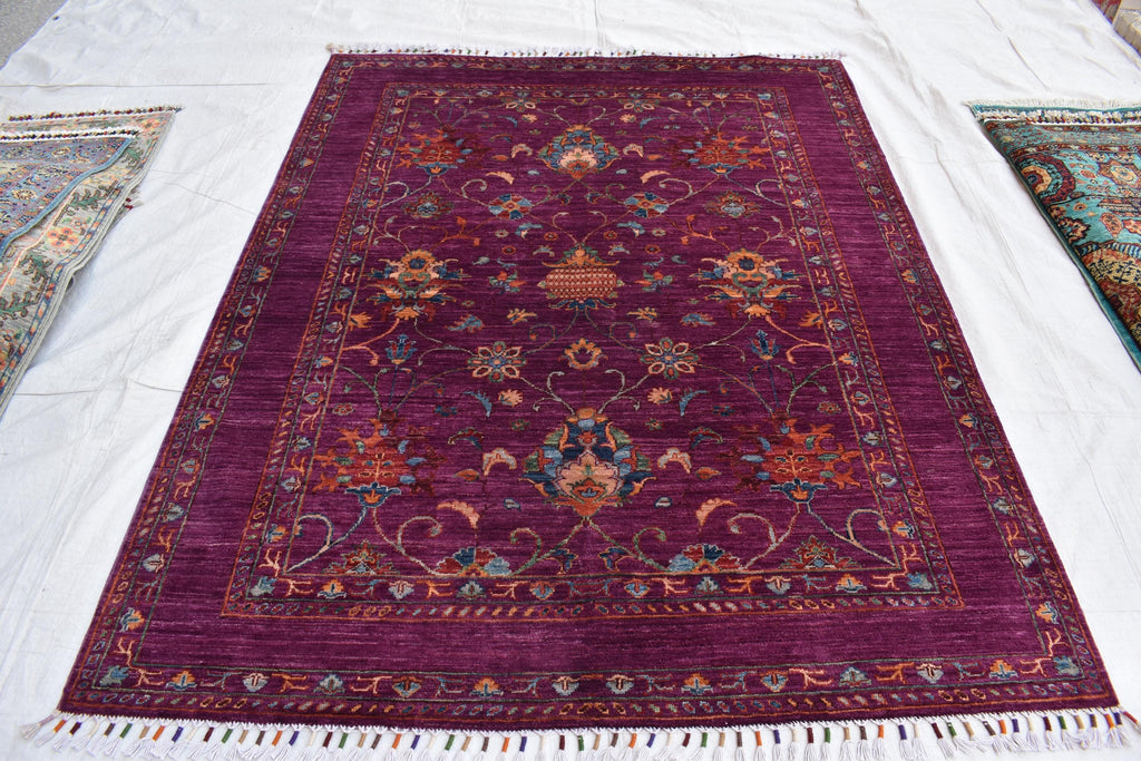 Handwoven Afghan Wool Carpet - Deep Red with Floral Patterns, 6.6x5.2 ft | Living Room Rug | Boho Home Decor | Office Rug