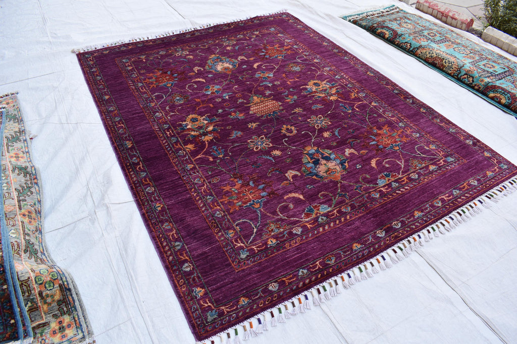 Handwoven Afghan Wool Carpet - Deep Red with Floral Patterns, 6.6x5.2 ft | Living Room Rug | Boho Home Decor | Office Rug