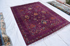 Handwoven Afghan Wool Carpet - Deep Red with Floral Patterns, 6.6x5.2 ft | Living Room Rug | Boho Home Decor | Office Rug