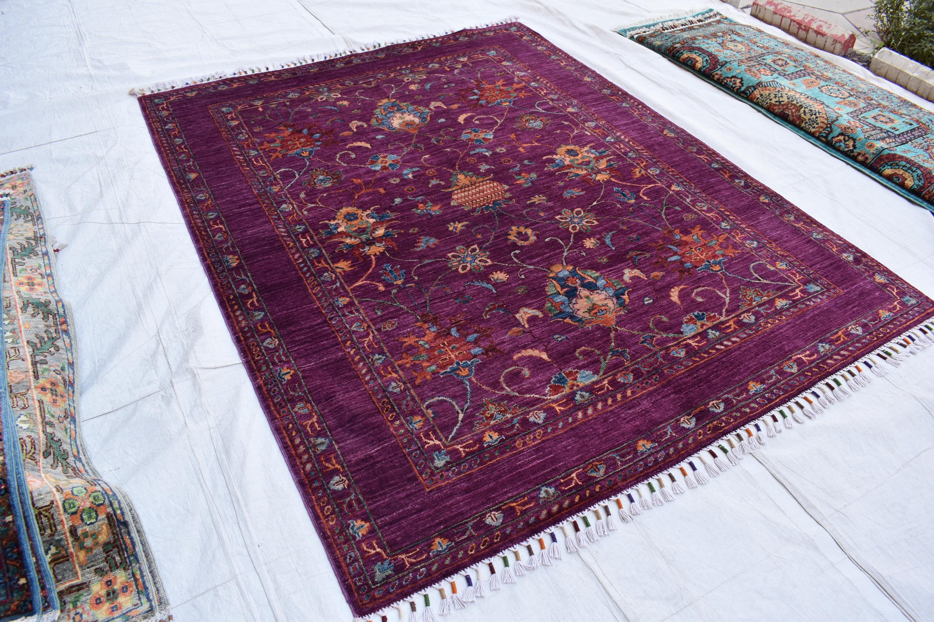 Handwoven Afghan Wool Carpet - Deep Red with Floral Patterns, 6.6x5.2 ft | Living Room Rug | Boho Home Decor | Office Rug