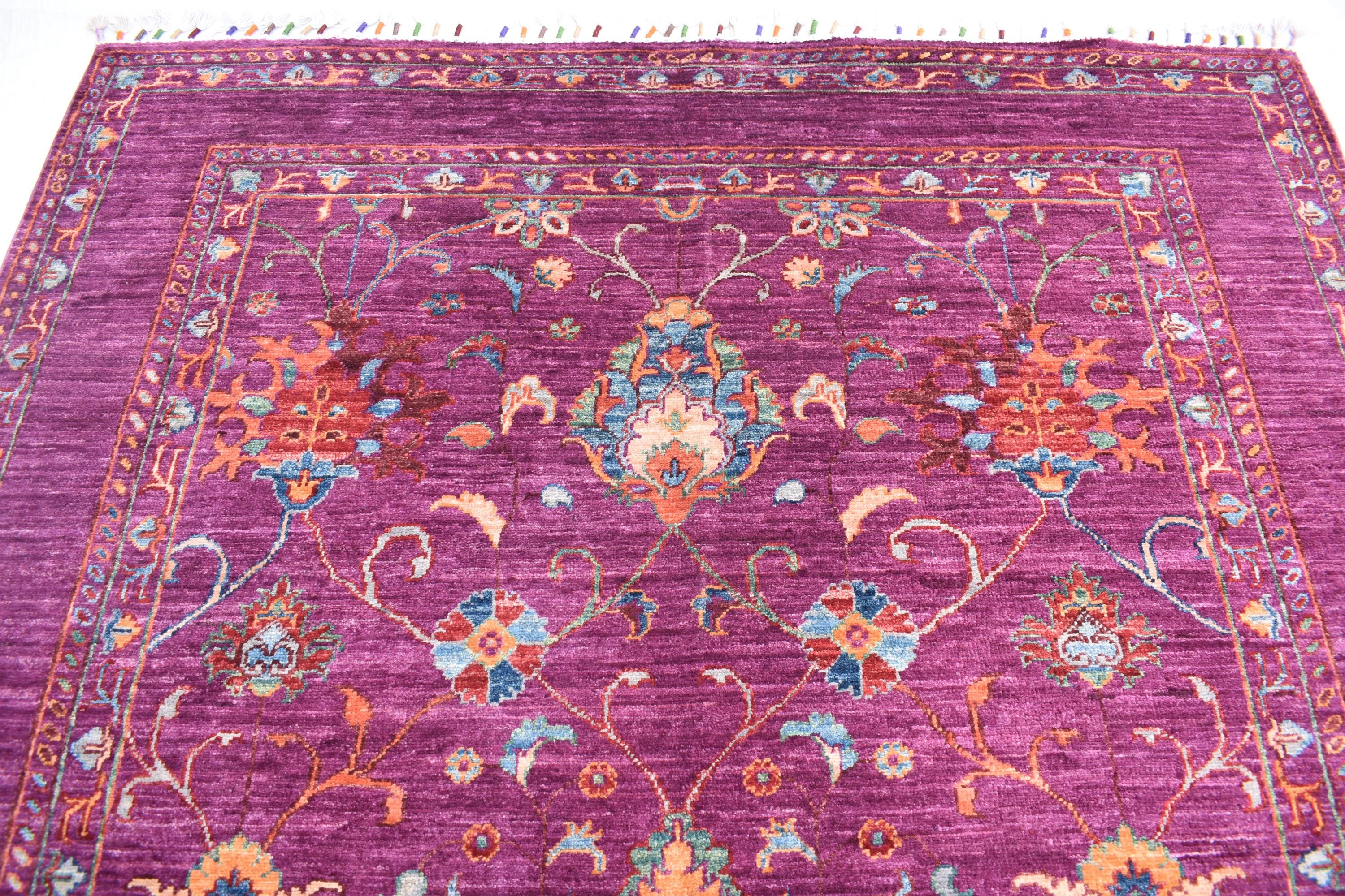 Handwoven Afghan Wool Carpet - Deep Red with Floral Patterns, 6.6x5.2 ft | Living Room Rug | Boho Home Decor | Office Rug