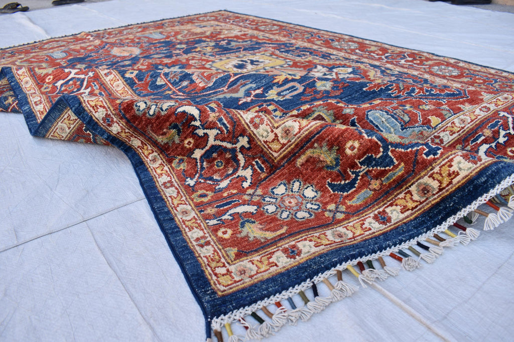 Traditional Afghan Handmade Wool Carpet - Blue & Rust Geometric Design, 7.11x5.9 ft | Bohemian Home Decor | Living Room Rug
