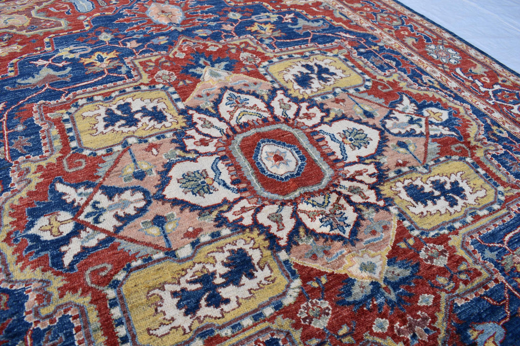 Traditional Afghan Handmade Wool Carpet - Blue & Rust Geometric Design, 7.11x5.9 ft | Bohemian Home Decor | Living Room Rug