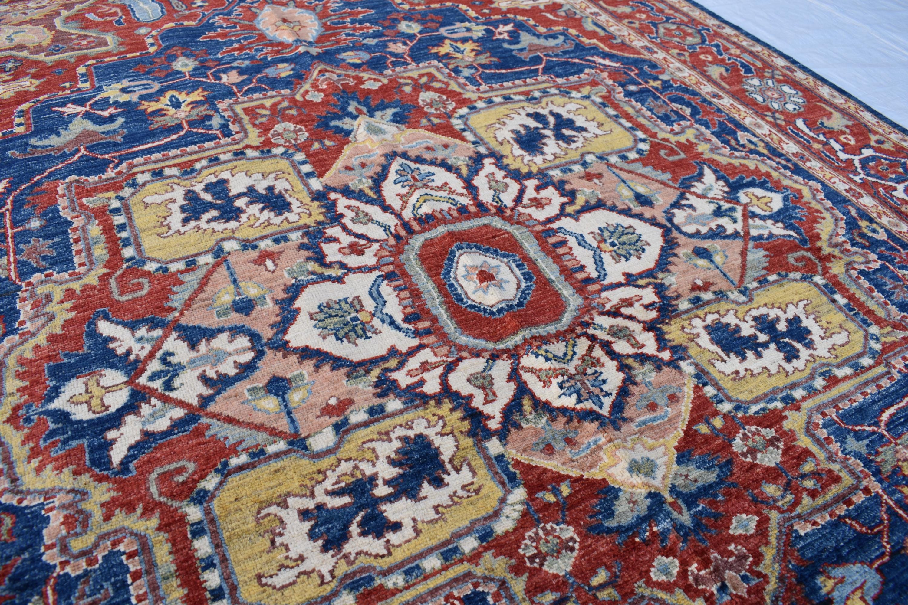 Traditional Afghan Handmade Wool Carpet - Blue & Rust Geometric Design, 7.11x5.9 ft | Bohemian Home Decor | Living Room Rug
