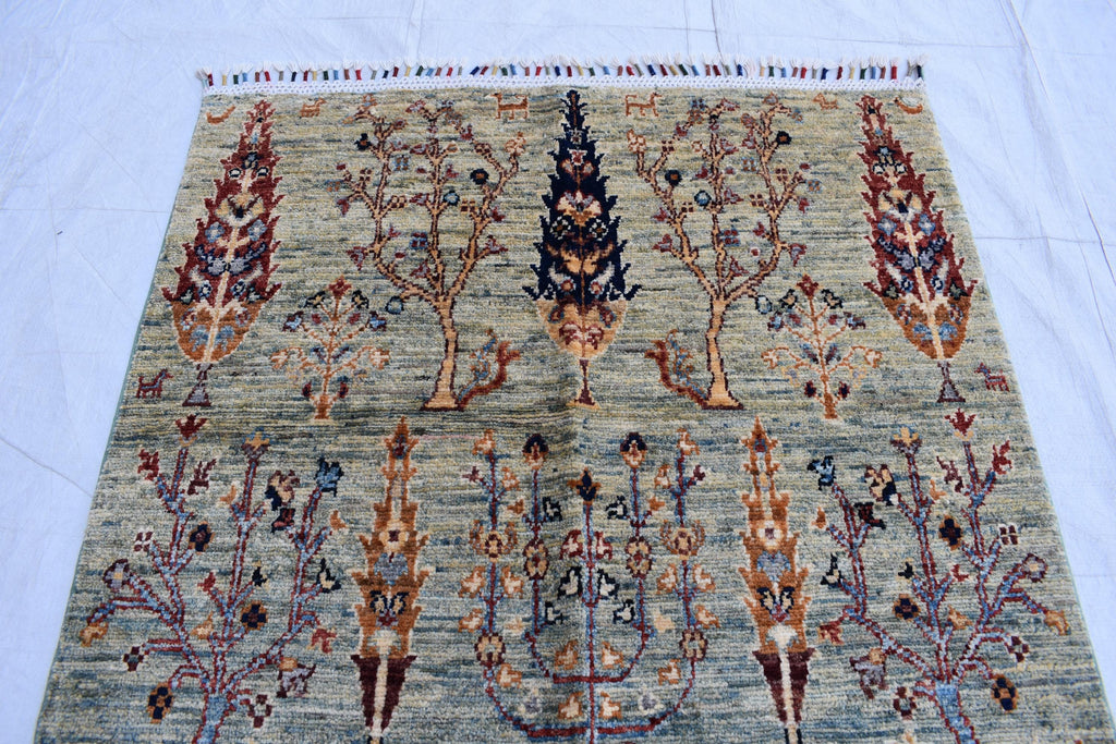 Handmade Afghan Wool Area Rug, Tree of Life Design – 4.10x3.3 ft, Traditional Oriental Carpet | Pictorial Rug | Wall Hanging Rug