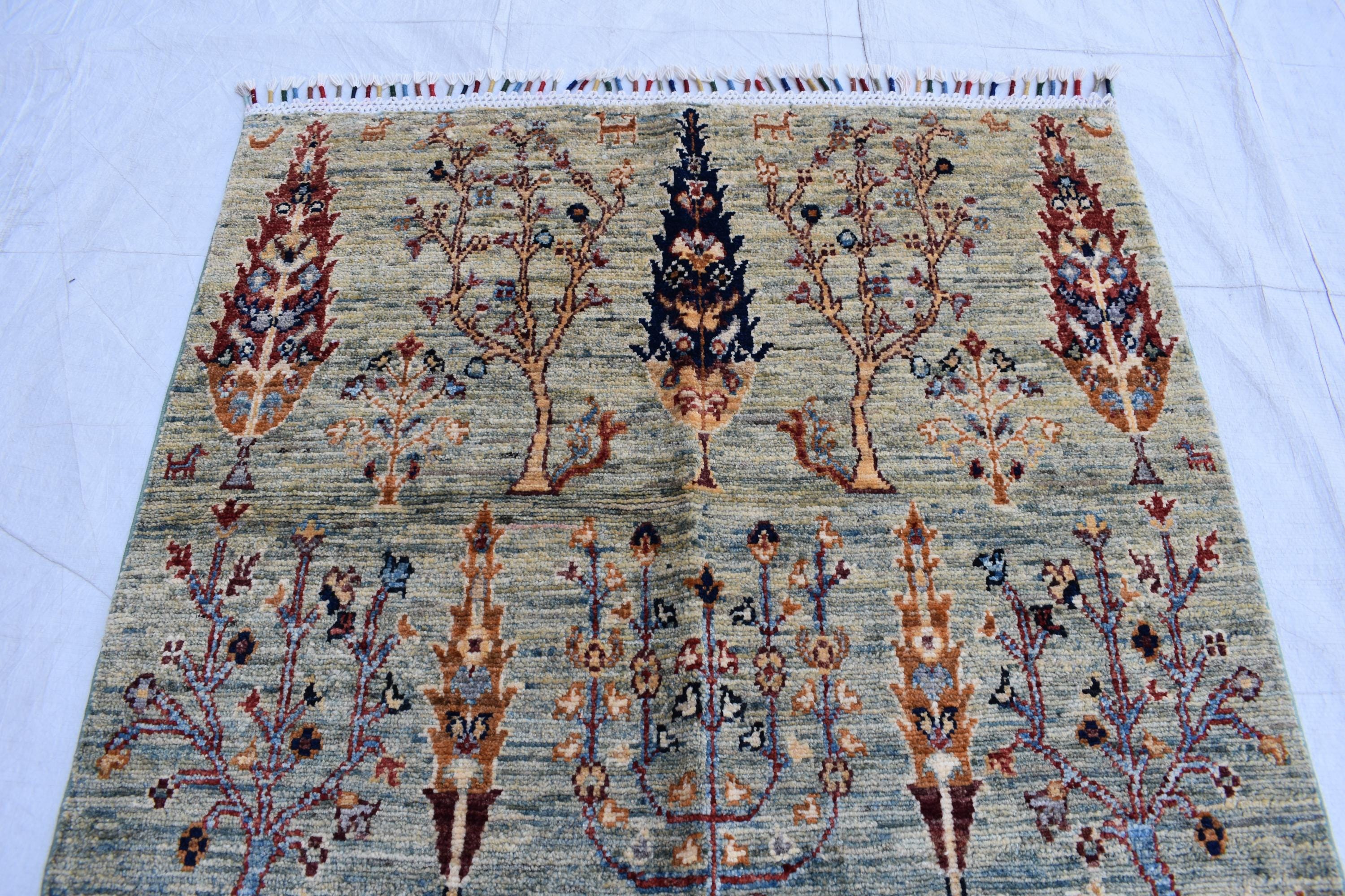 Handmade Afghan Wool Area Rug, Tree of Life Design – 4.10x3.3 ft, Traditional Oriental Carpet | Pictorial Rug | Wall Hanging Rug