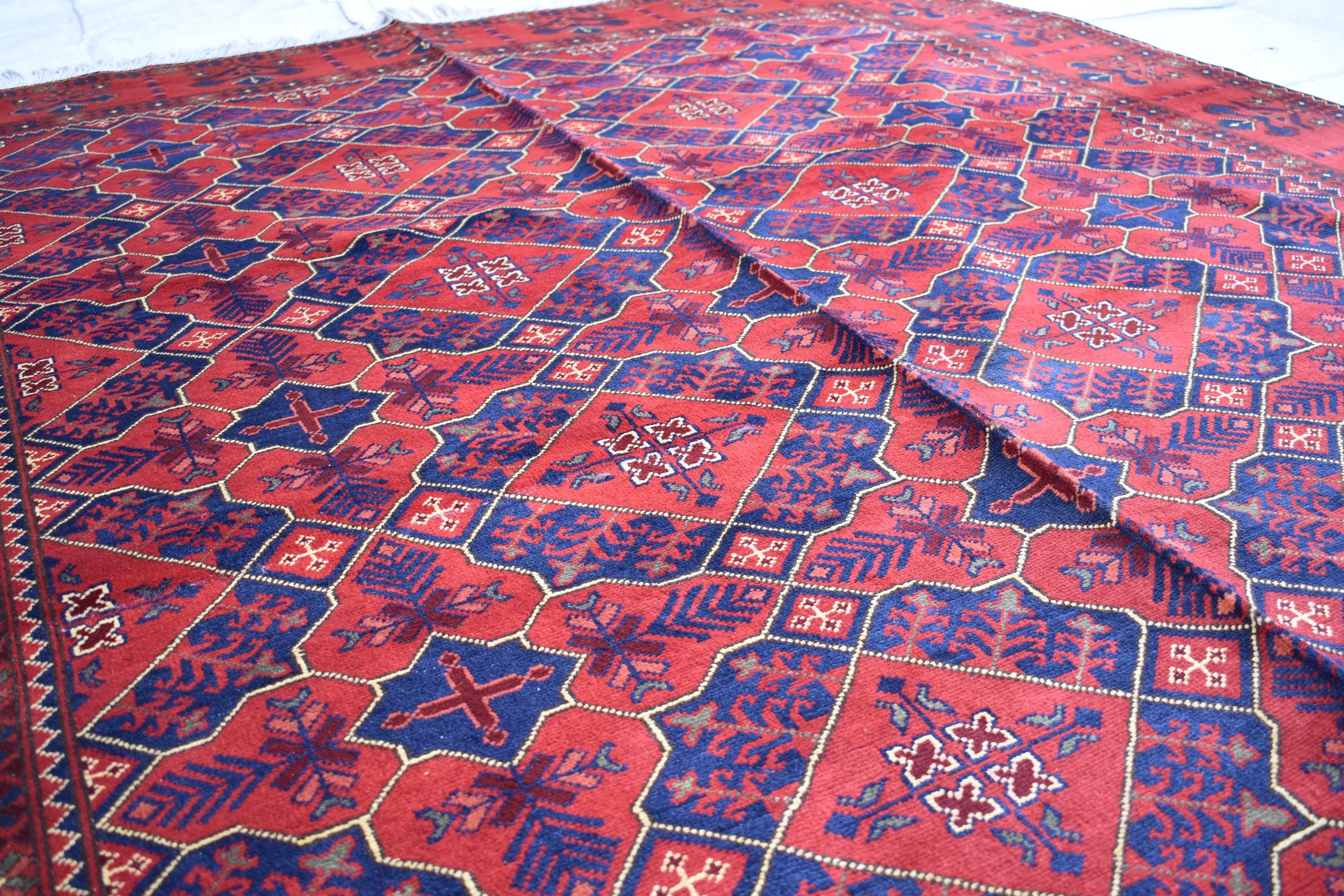 Handwoven 9.9 x 6.6 Bukhara Carpet – Traditional Afghan Geometric Design in Rich Red Wool | Dining room Rug | Office Rug