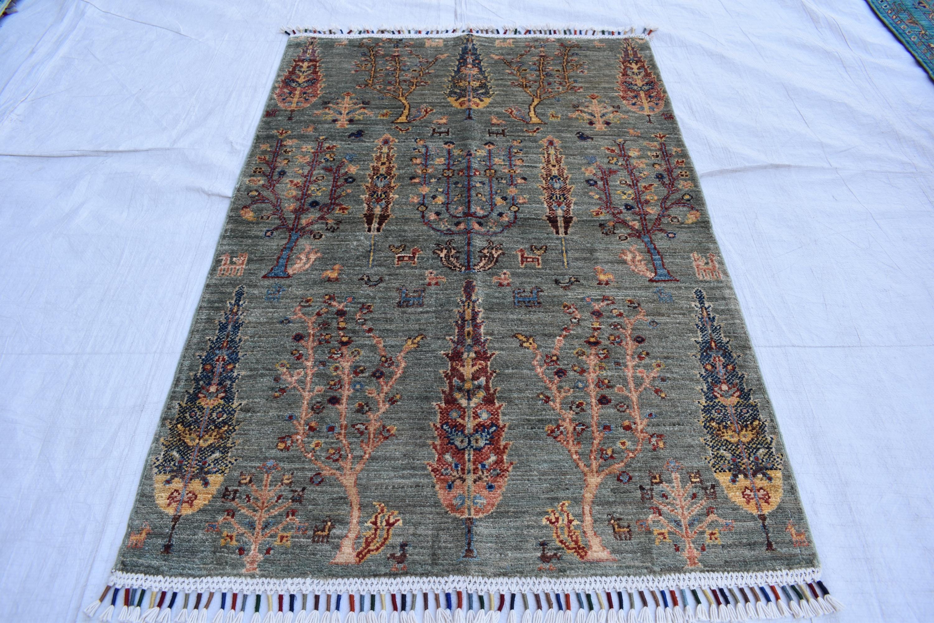 Handmade Afghan Tree of Life Design Rug - 4.1 x 2.7 ft | Pictorial Rug | Bohemian Home Decor | Geometric Rug | Office Rug