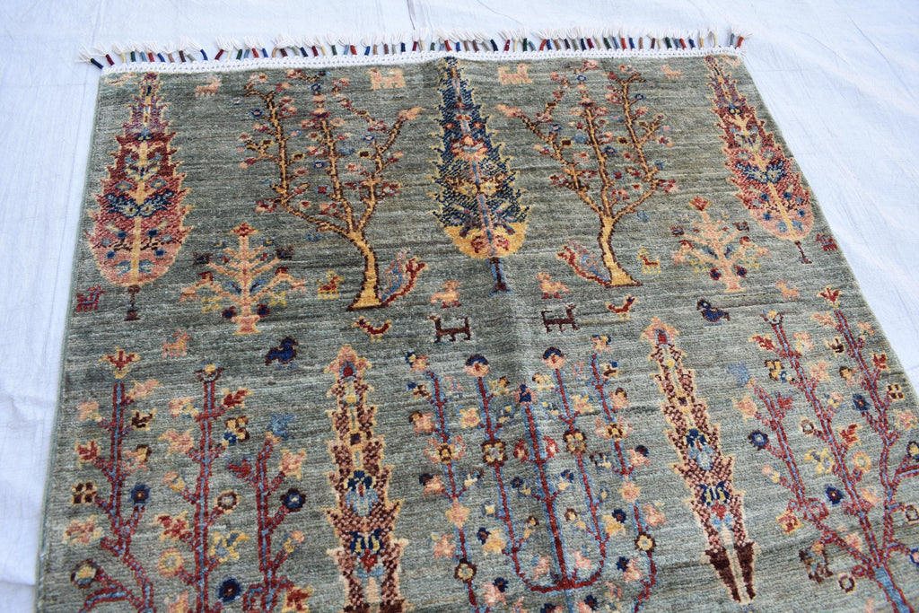 Handmade Afghan Tree of Life Design Rug - 4.1 x 2.7 ft | Pictorial Rug | Bohemian Home Decor | Geometric Rug | Office Rug