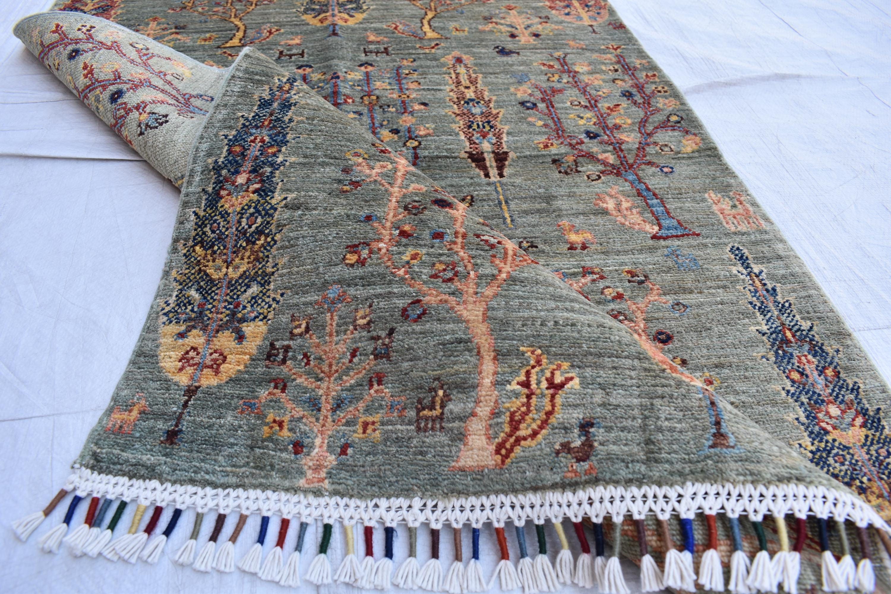 Handmade Afghan Tree of Life Design Rug - 4.1 x 2.7 ft | Pictorial Rug | Bohemian Home Decor | Geometric Rug | Office Rug