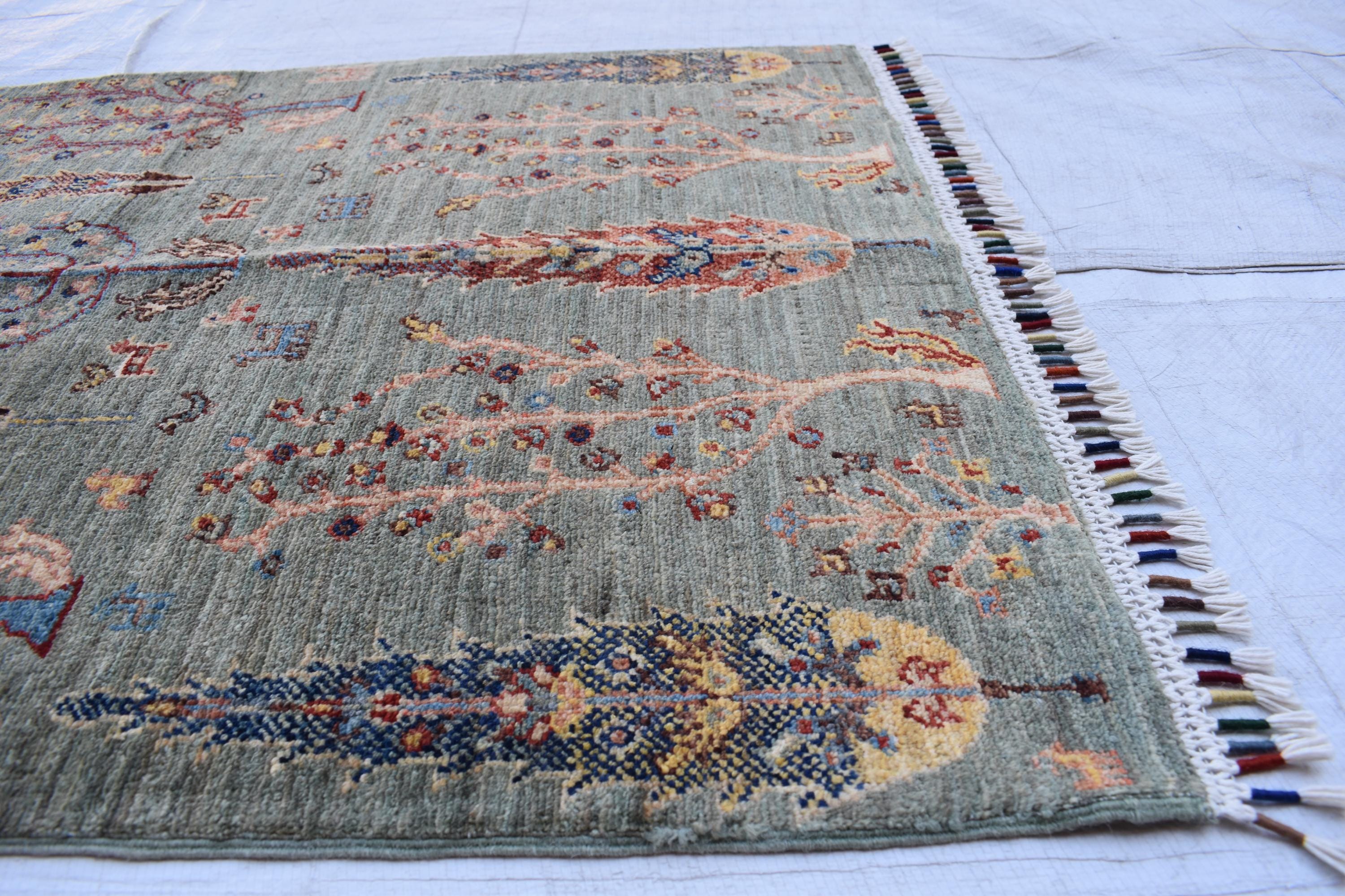 Handmade Afghan Tree of Life Design Rug - 4.1 x 2.7 ft | Pictorial Rug | Bohemian Home Decor | Geometric Rug | Office Rug