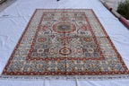Handmade Afghan Wool Rug - 8.7x6.4 ft Traditional Geometric Design with Floral Motifs | Rustic Boho Decor | Living Room Rug