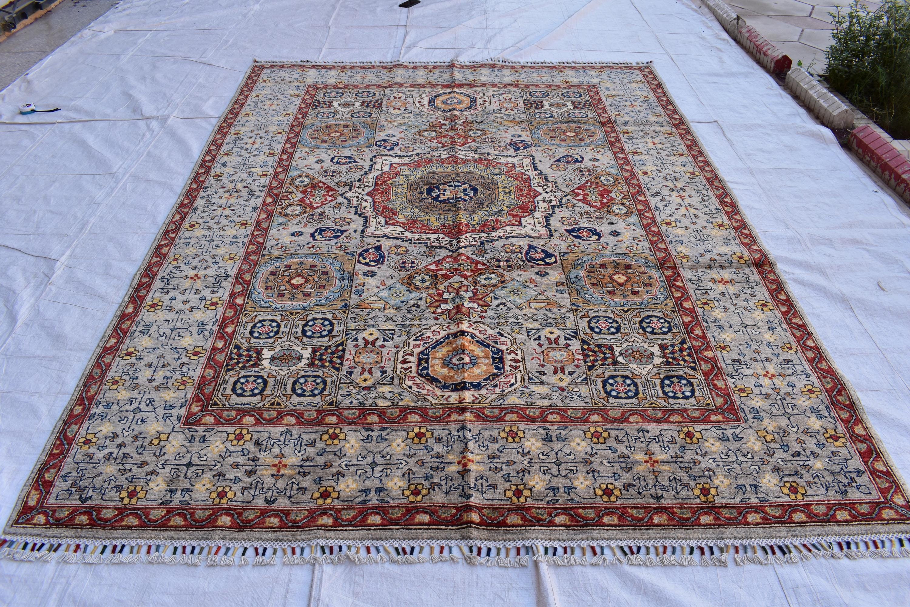 Handmade Afghan Wool Rug - 8.7x6.4 ft Traditional Geometric Design with Floral Motifs | Rustic Boho Decor | Living Room Rug
