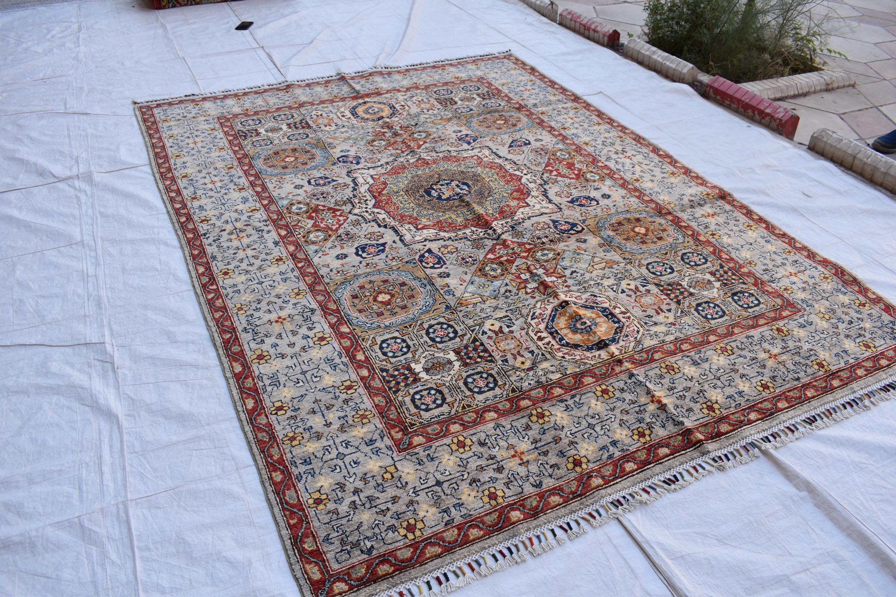 Handmade Afghan Wool Rug - 8.7x6.4 ft Traditional Geometric Design with Floral Motifs | Rustic Boho Decor | Living Room Rug