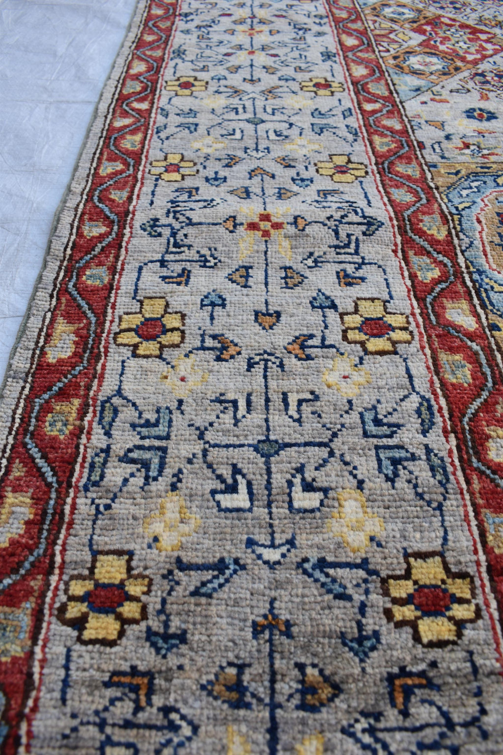 Handmade Afghan Wool Rug - 8.7x6.4 ft Traditional Geometric Design with Floral Motifs | Rustic Boho Decor | Living Room Rug