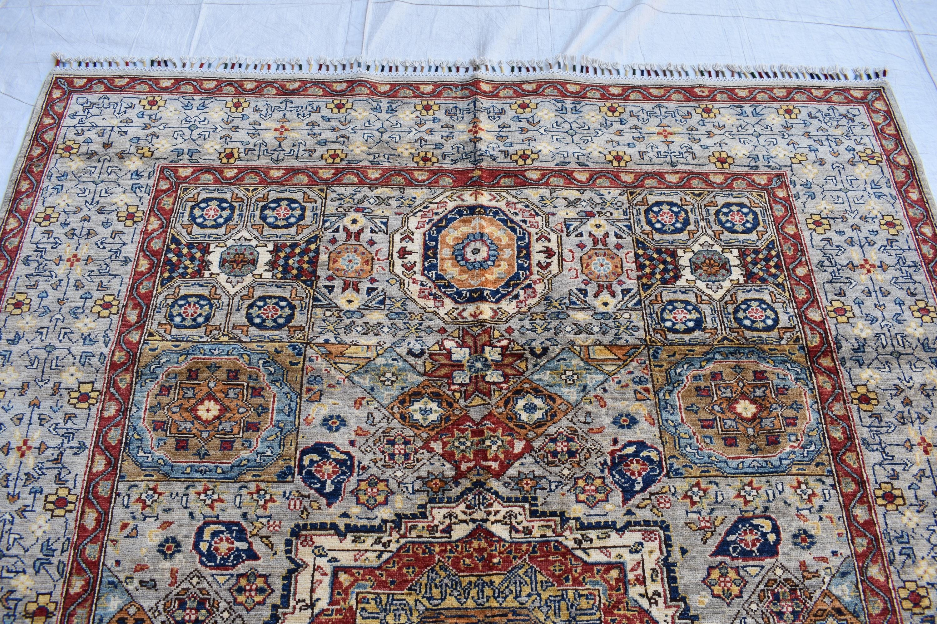 Handmade Afghan Wool Rug - 8.7x6.4 ft Traditional Geometric Design with Floral Motifs | Rustic Boho Decor | Living Room Rug