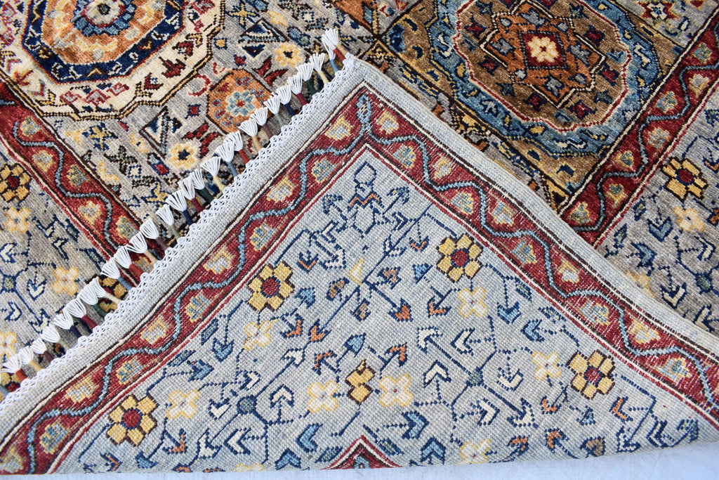 Handmade Afghan Wool Rug - 8.7x6.4 ft Traditional Geometric Design with Floral Motifs | Rustic Boho Decor | Living Room Rug