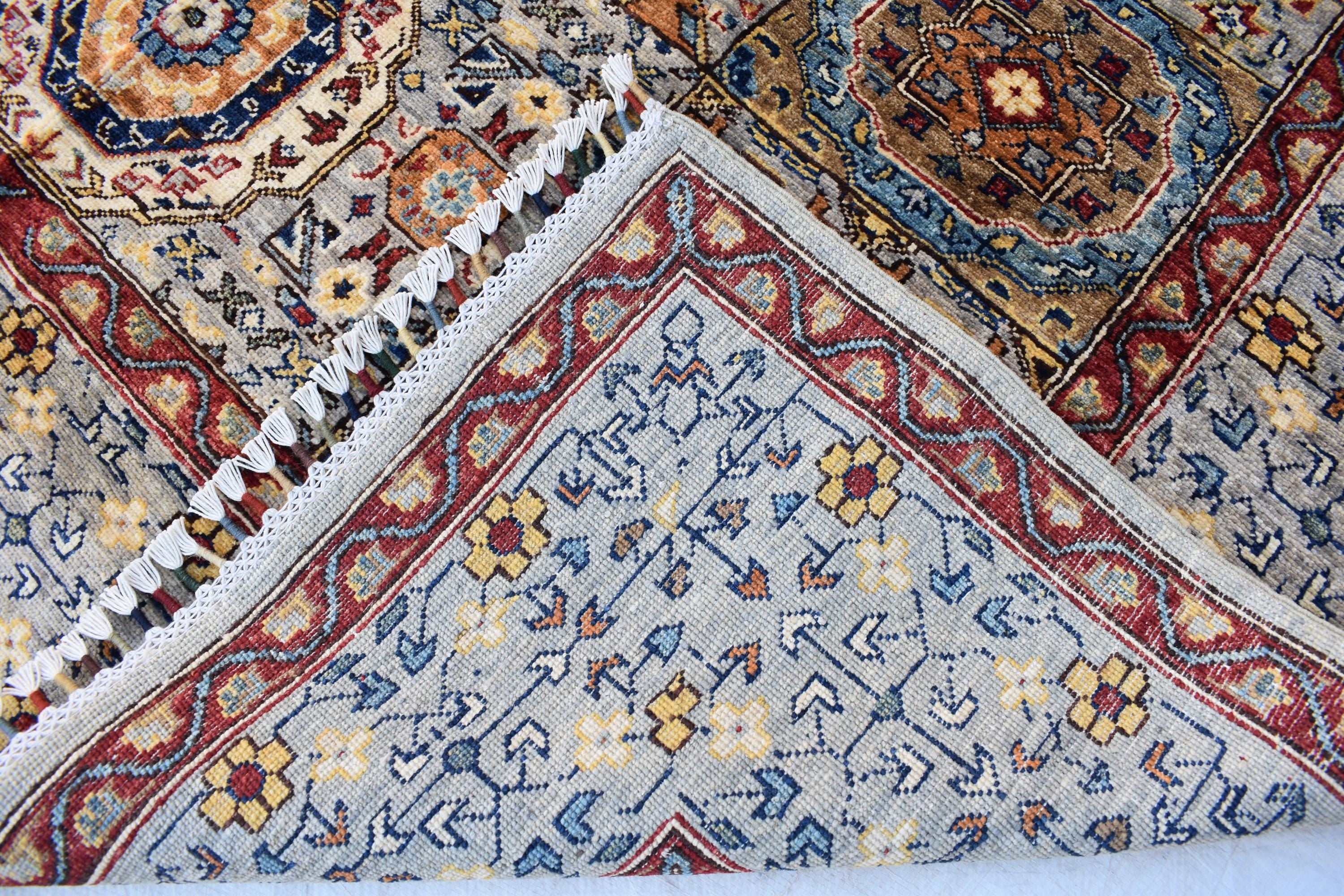 Handmade Afghan Wool Rug - 8.7x6.4 ft Traditional Geometric Design with Floral Motifs | Rustic Boho Decor | Living Room Rug