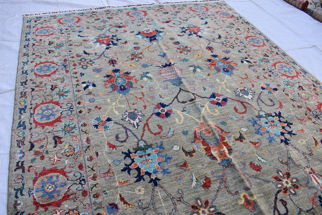 Handmade Afghan Wool Rug - 7.8x5.9 ft Traditional Geometric Design with Floral Motifs | Bohemian Rug | Living Room Rug Bedroom Rug