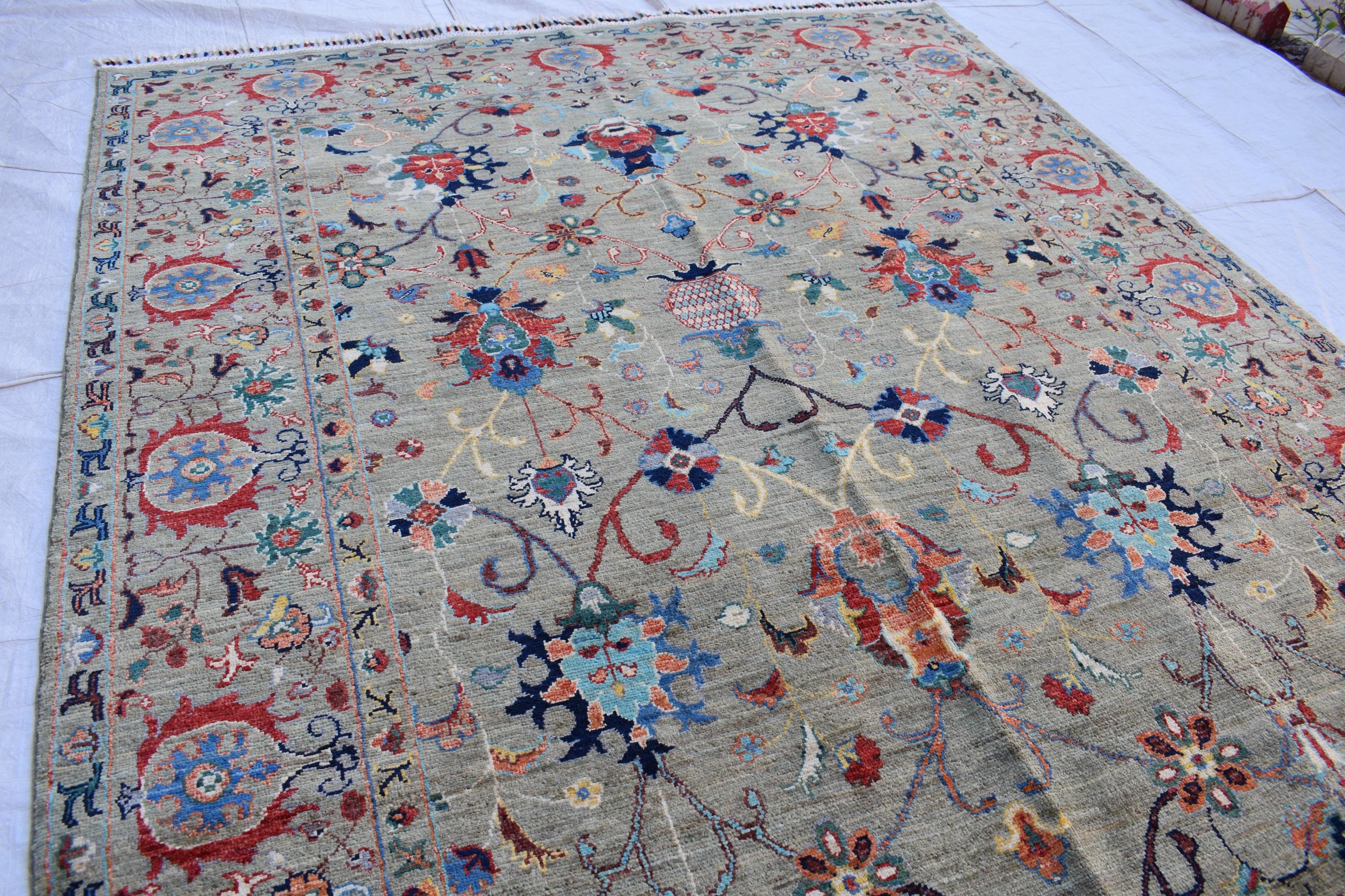 Handmade Afghan Wool Rug - 7.8x5.9 ft Traditional Geometric Design with Floral Motifs | Bohemian Rug | Living Room Rug Bedroom Rug