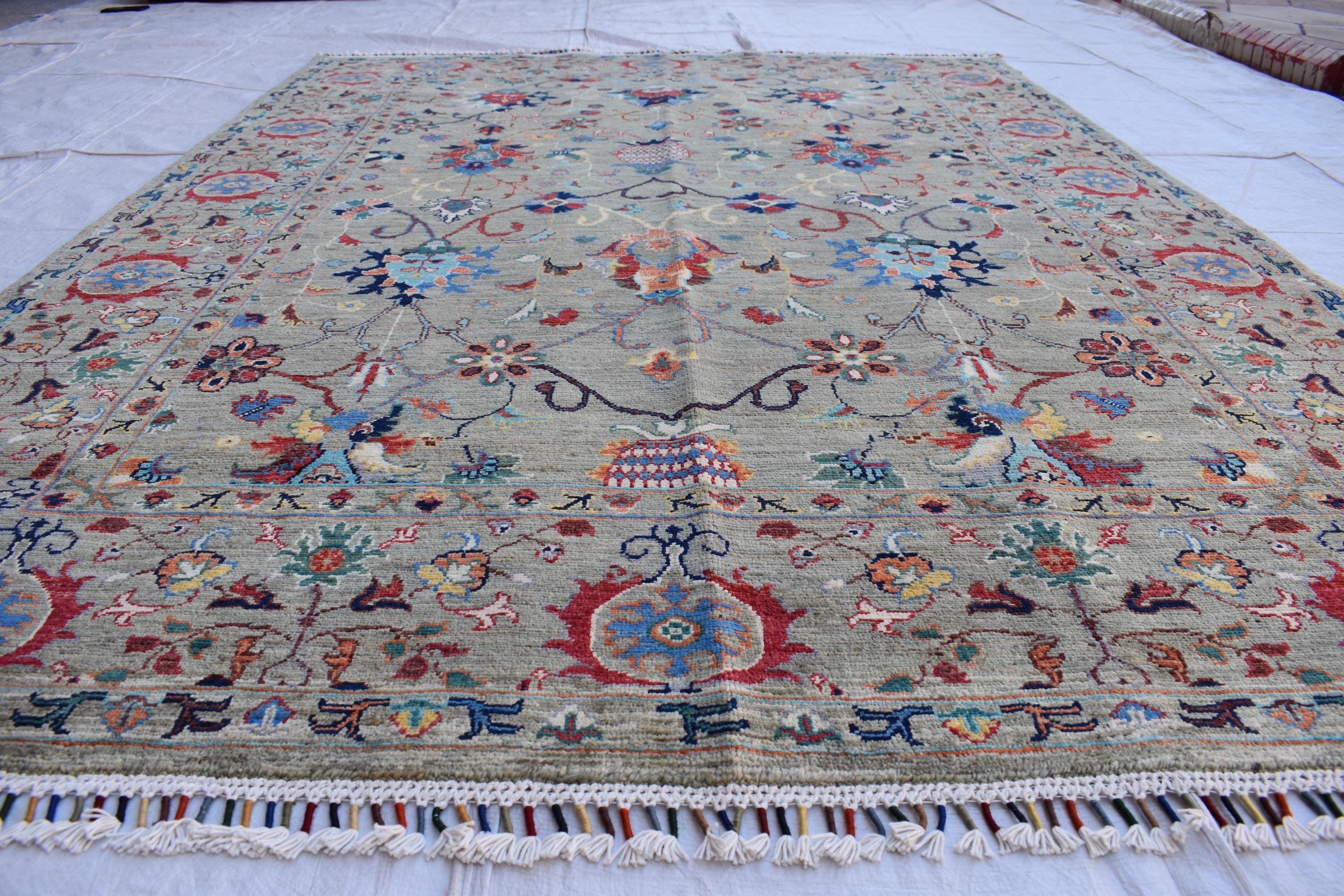 Handmade Afghan Wool Rug - 7.8x5.9 ft Traditional Geometric Design with Floral Motifs | Bohemian Rug | Living Room Rug Bedroom Rug