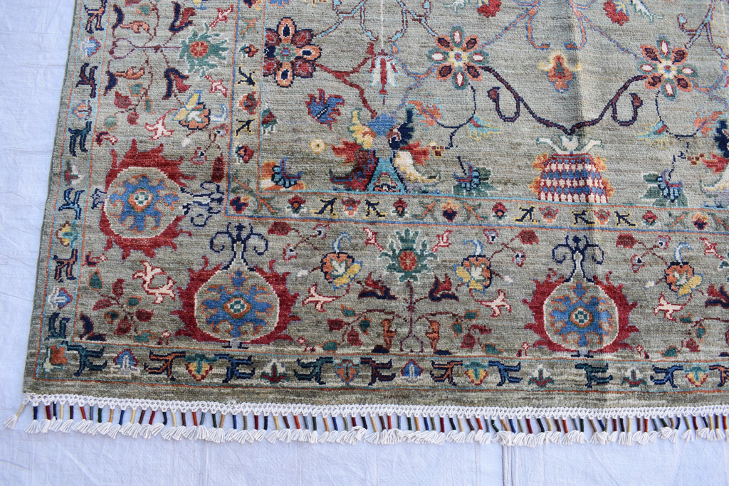 Handmade Afghan Wool Rug - 7.8x5.9 ft Traditional Geometric Design with Floral Motifs | Bohemian Rug | Living Room Rug Bedroom Rug
