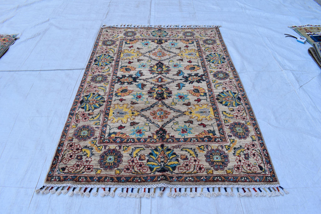Handmade Afghan Chob Rug - 4.10x3.5 ft Traditional Geometric Design with Floral Motifs | Bohemian Home Decor | Living Room Rug