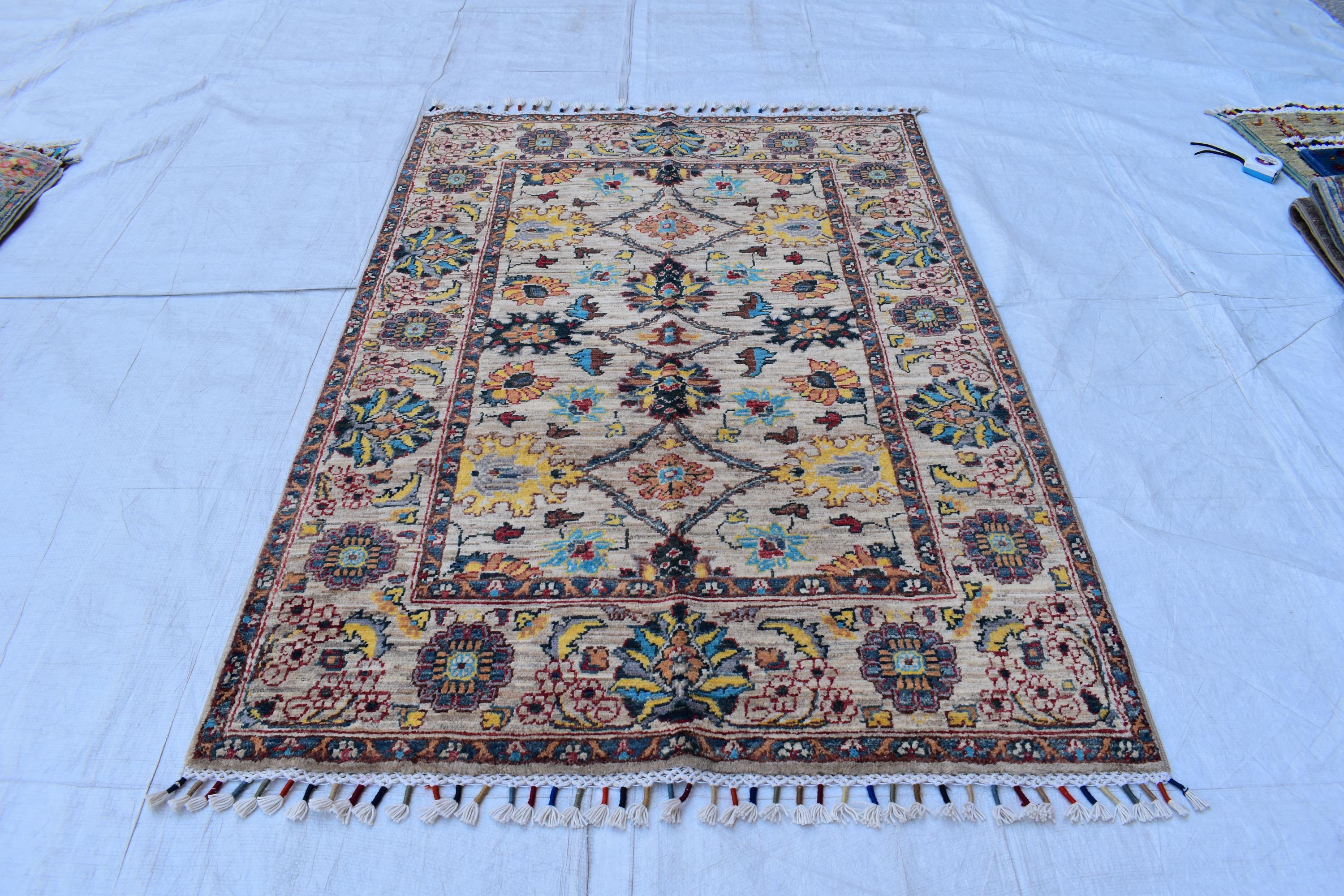 Handmade Afghan Chob Rug - 4.10x3.5 ft Traditional Geometric Design with Floral Motifs | Bohemian Home Decor | Living Room Rug