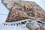 Handmade Afghan Chob Rug - 4.10x3.5 ft Traditional Geometric Design with Floral Motifs | Bohemian Home Decor | Living Room Rug