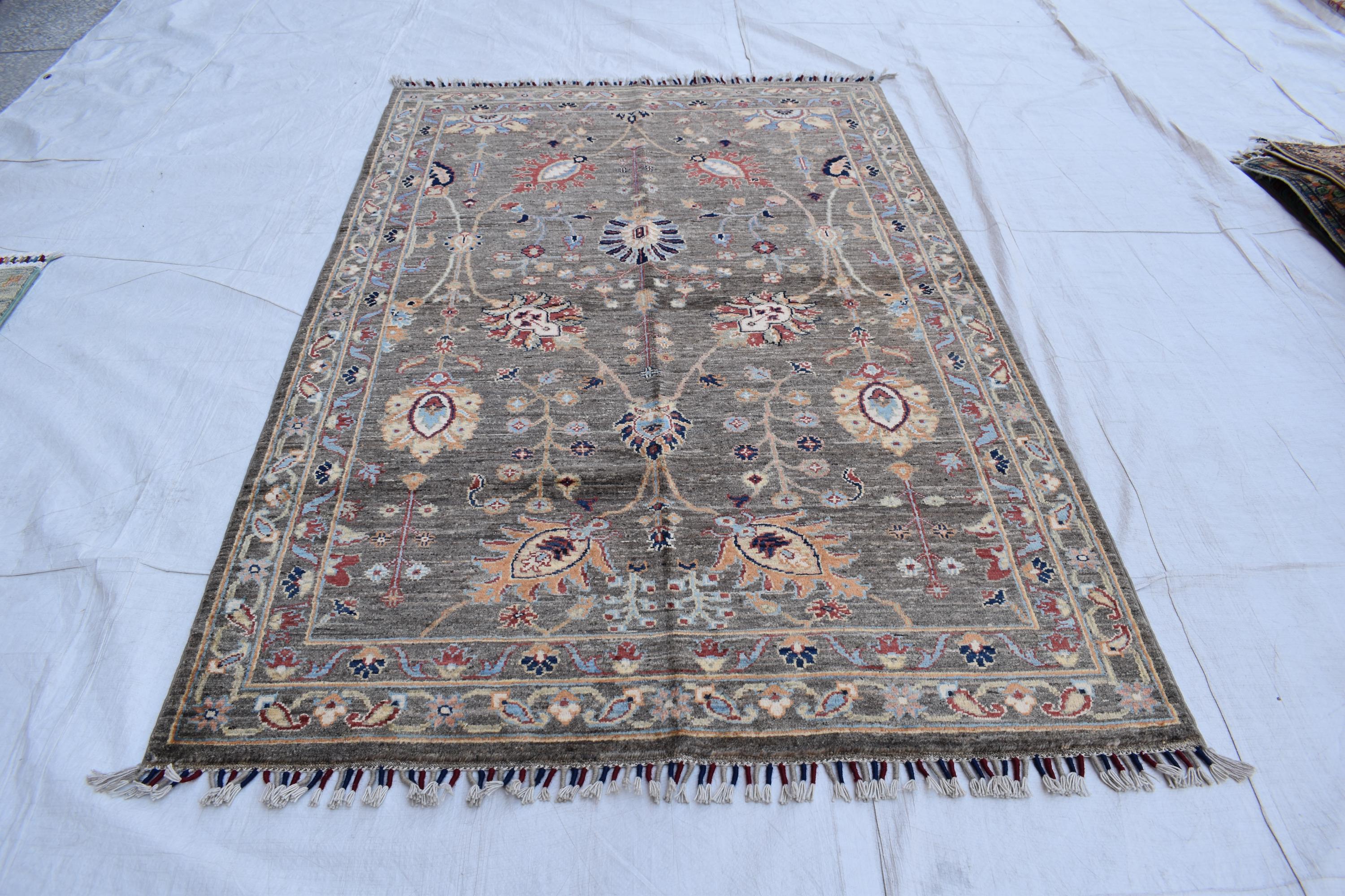 Handmade Afghan Wool Rug - 6.1 x 4.1 ft Traditional Geometric Design with Floral Motifs, Medium Area Rug | Office Rug | Living Room Rug