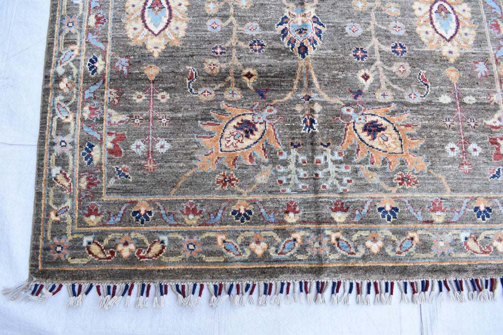 Handmade Afghan Wool Rug - 6.1 x 4.1 ft Traditional Geometric Design with Floral Motifs, Medium Area Rug | Office Rug | Living Room Rug