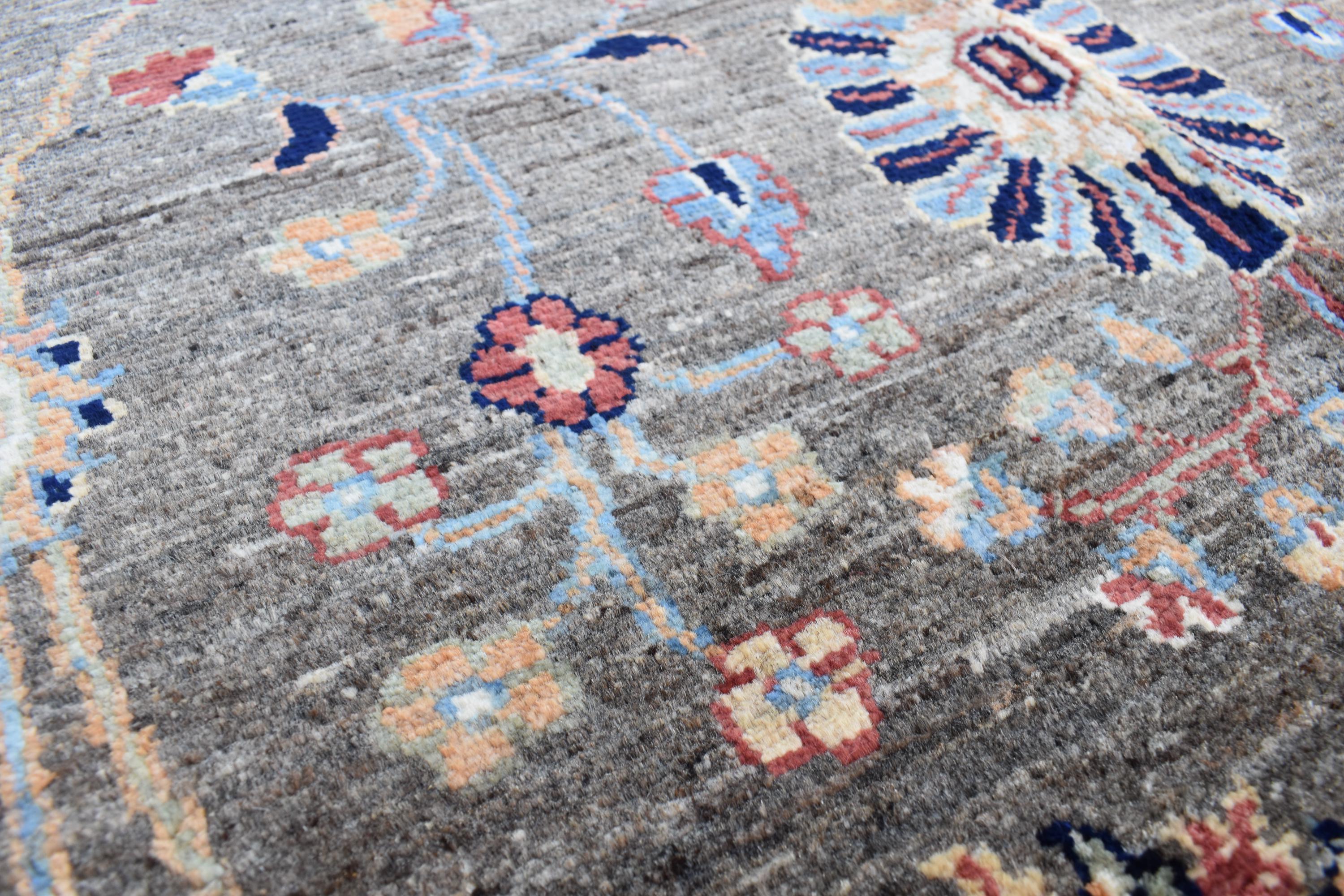 Handmade Afghan Wool Rug - 6.1 x 4.1 ft Traditional Geometric Design with Floral Motifs, Medium Area Rug | Office Rug | Living Room Rug