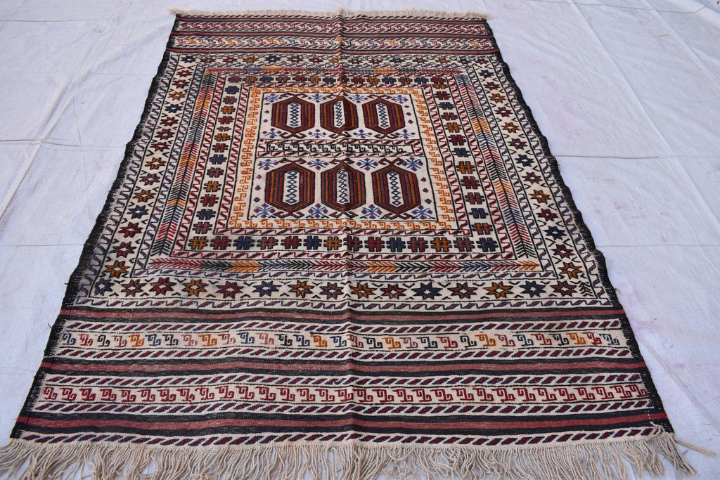 Antique Afghan Kilim Rug – Handwoven Wool, Geometric Tribal Design, 6.1x4.2 ft | Farm House Rug | Living Room Rug | Wall Hanging Carpet