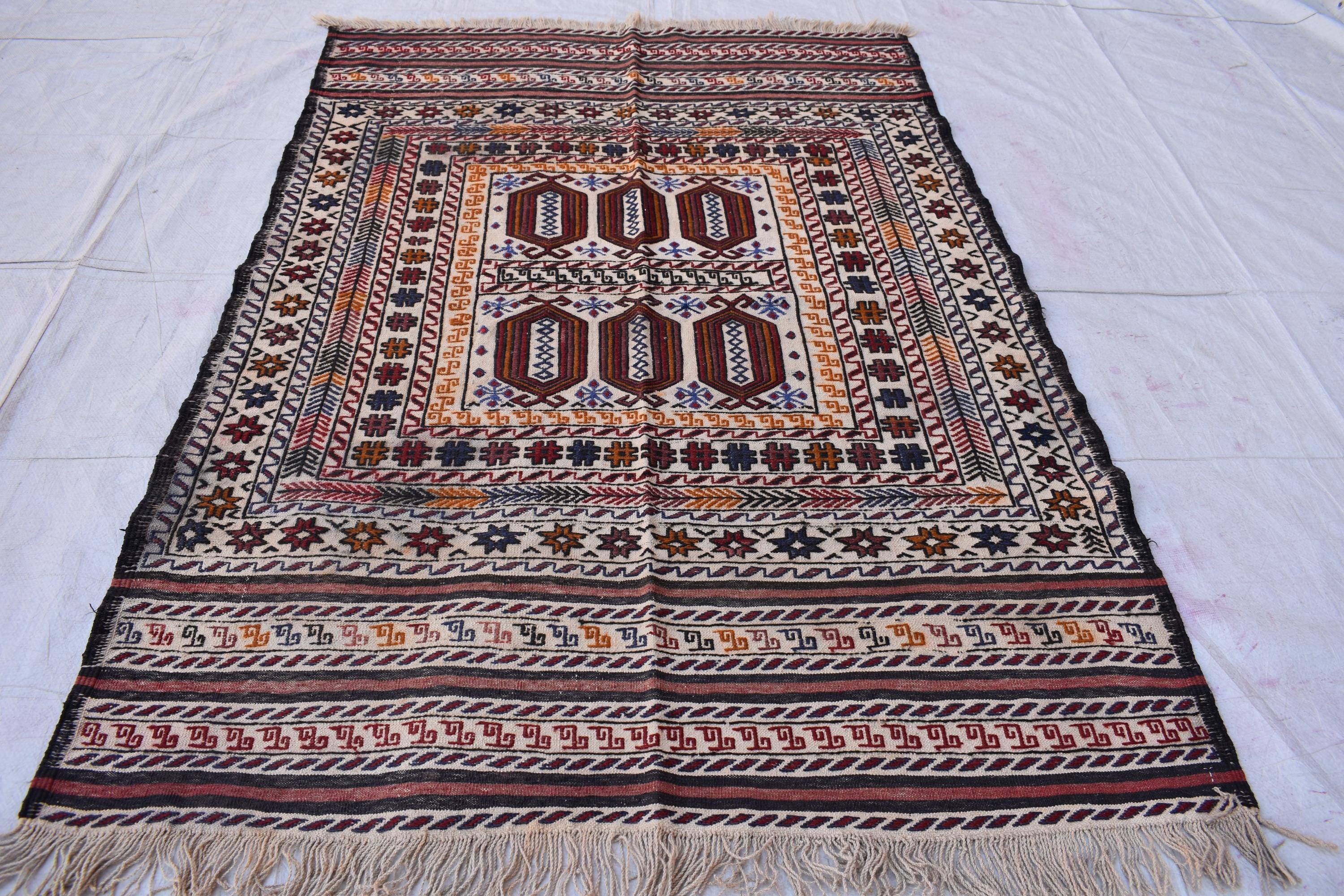 Antique Afghan Kilim Rug – Handwoven Wool, Geometric Tribal Design, 6.1x4.2 ft | Farm House Rug | Living Room Rug | Wall Hanging Carpet