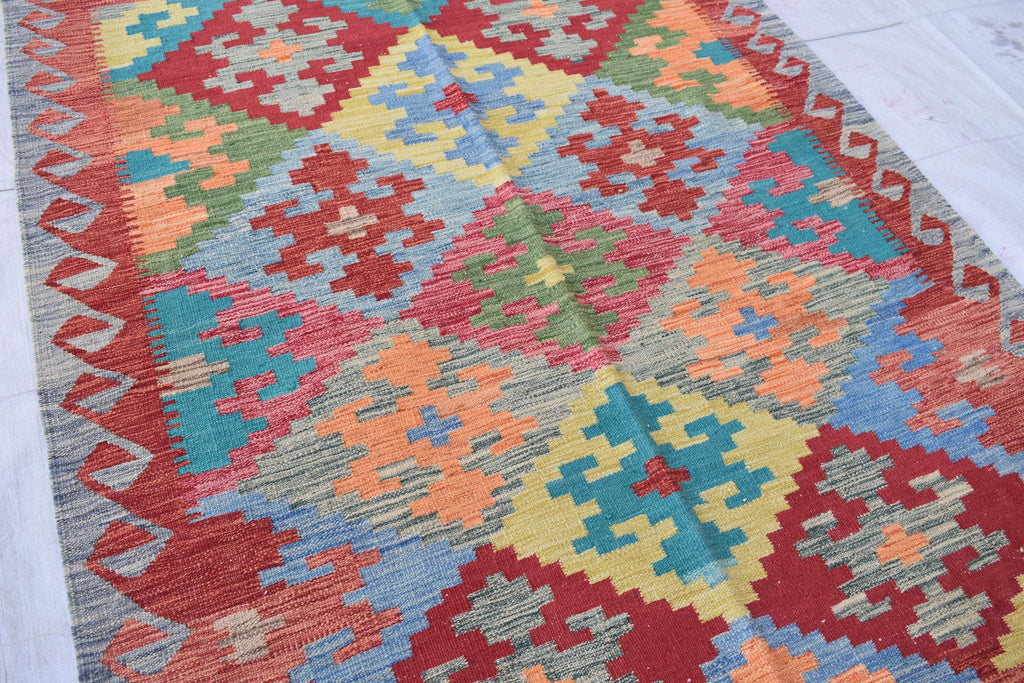 Afghan Kilim Rug – Handwoven Wool, Geometric Tribal Design, 6.8x5 ft | Farm House Rug | Living Room Rug | Office Rug